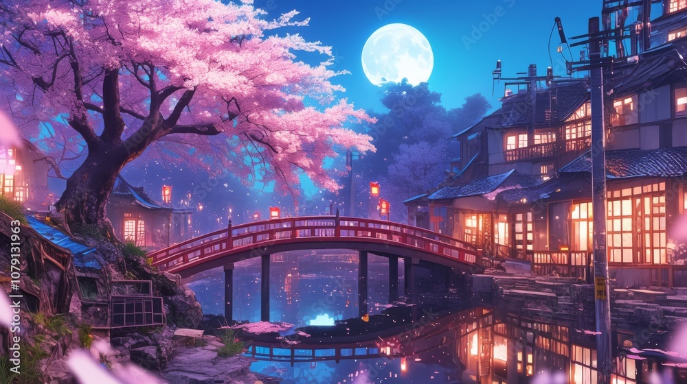 Obraz premium Anime. Night city anime fantasy against the background of the center of the old and new city. Fantasy Japanese night cityscape view, neon pink light, residential buildings, large sakura tree.