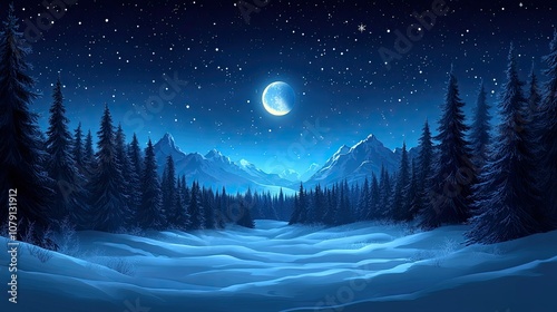 Serene winter night landscape with moon and starry sky photo