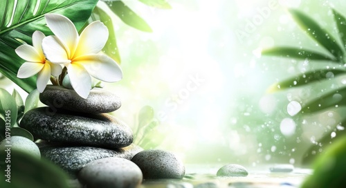Tranquil Zen Spa. Orchid Flower and Pebbles on Light Background