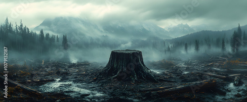 A wide shot of the rainforest after it has been cleared, showcasing the stark contrast between lush greenery and barren land, symbolizing the environmental impact of deforestation, loss of biodiversit photo