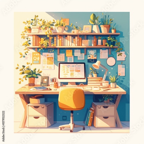 A cozy and bright workspace with a computer, desk, shelves full of books, plants, and a yellow chair.