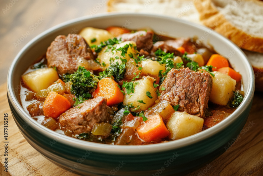 A Traditional Welsh Dish Of Cawl, Featuring A Hearty Bowl Of Lamb And Vegetable Stew, Served With Crusty Bread On A Wooden Table A Traditional Welsh Dish Of Cawl, Featuring A Hearty Bowl Of Lamb And Vegetable Stew, Served With Crusty Bread On A Wooden Table