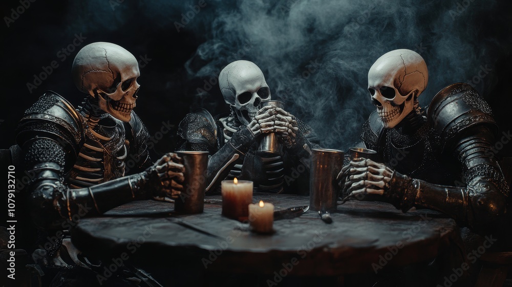 Naklejka premium Skeleton friends sitting together by table chatting drinking.