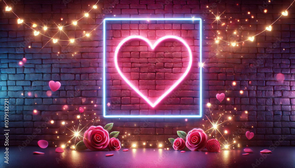 The image shows a neon heart sign on a brick wall The heart is glowing ...