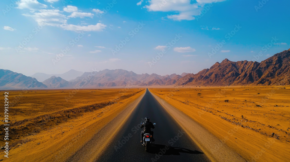 A motorcyclist rides along a vast, open road surrounded by dramatic mountains and a clear blue sky in a desert landscape. A motorcyclist rides along a vast, open road surrounded by dramatic mountains and a clear blue sky in a desert landscape.