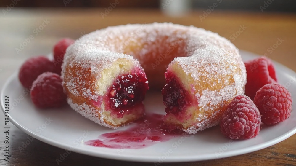A round, sugar-dusted pastry filled with raspberry jam sits on a white plate, accompanied by fresh raspberries. The vibrant colors and juicy filling make this an enticing dessert option. A round, sugar-dusted pastry filled with raspberry jam sits on a white plate, accompanied by fresh raspberries. The vibrant colors and juicy filling make this an enticing dessert option.