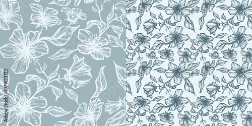 Seamless set of on-trend delicate ink floral laconic linear handmade ink drawing for fabric design, decor, ceramics, greeting cards, flowers on light and dark backgrounds