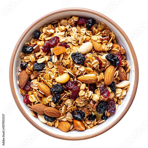 Delicious Bowl of Crunchy Granola with Oats, Nuts, and Dried Fruit photo