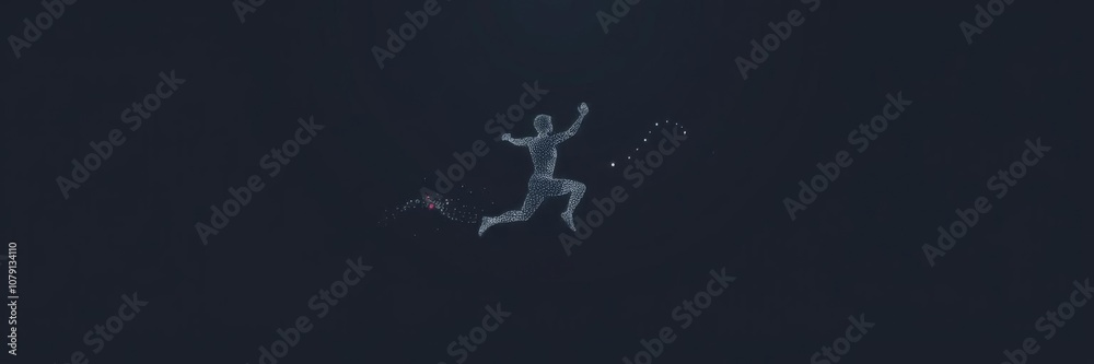 Abstract geometric art of human jumping with lines and dots, vector illustration, particles, moving