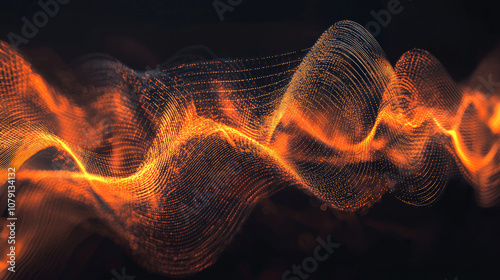 This abstract 3D rendering features intricate sound waves flowing through a dynamic orange and black color scheme.  Generative AI photo