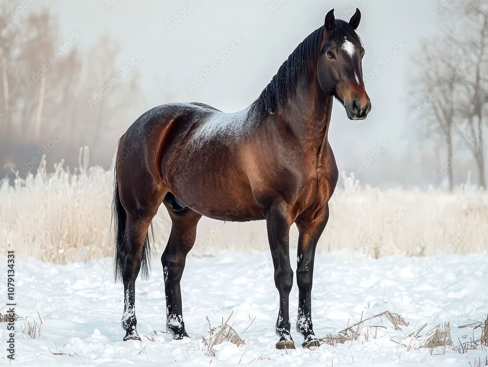 Portrait a horse standing majestically in a field during winter Portrait a horse standing majestically in a field during winter