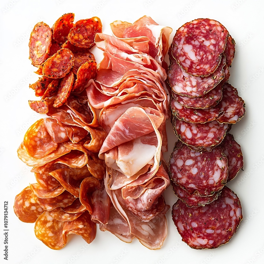 Beautifully Arranged Charcuterie Selection Featuring Thinly Sliced Cured Meats Displayed on a Wooden Board Beautifully Arranged Charcuterie Selection Featuring Thinly Sliced Cured Meats Displayed on a Wooden Board
