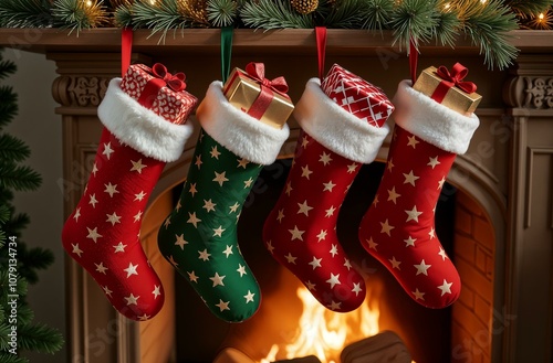 Red and green Christmas socks Santa Claus hanging on the fireplace. New Year's home decor. Christmas decorations on the fireplace. Christmas socks with gifts inside.