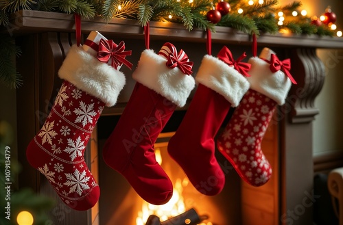 Red Christmas socks Santa Claus hanging on the fireplace. New Year's home decor. Christmas decorations on the fireplace. Christmas socks with gifts inside.
