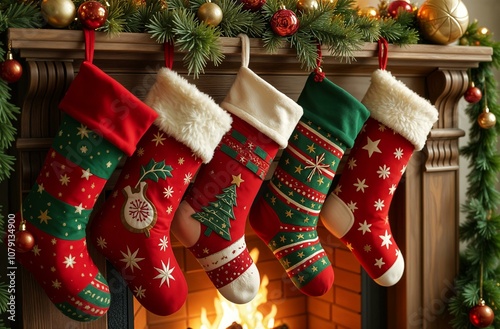 Red and green Christmas socks Santa Claus hanging on the fireplace. New Year's home decor. Christmas decorations on the fireplace. Christmas socks with gifts inside.