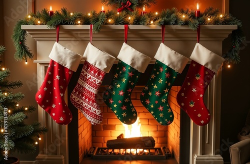Red and green Christmas socks Santa Claus hanging on the fireplace. New Year's home decor. Christmas decorations on the fireplace. Christmas socks with gifts inside.