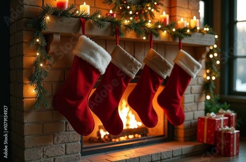 Red Christmas socks Santa Claus hanging on the fireplace. New Year's home decor. Christmas decorations on the fireplace. Christmas socks with gifts inside.