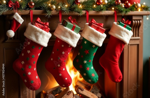 Red and green Christmas socks Santa Claus hanging on the fireplace. New Year's home decor. Christmas decorations on the fireplace. Christmas socks with gifts inside.