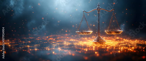 A digital illustration depicting the scales, symbolizing justice and fairness, with intricate detailing that embodies the concept of legal balance, impartiality, and equality, representing themes of l photo