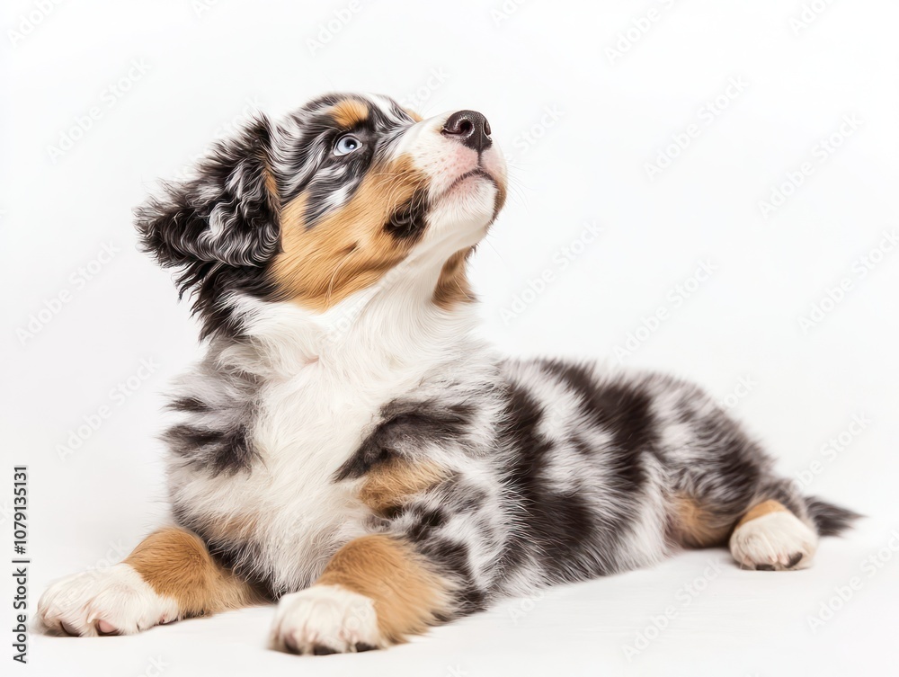 Portrait Australian Shepherd puppy lying on white background, looking upward Portrait Australian Shepherd puppy lying on white background, looking upward