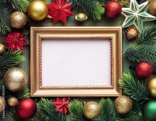 Marco navideño, de fondo blanco, con coleres rojo, berde y dorado, espacio para texto photo