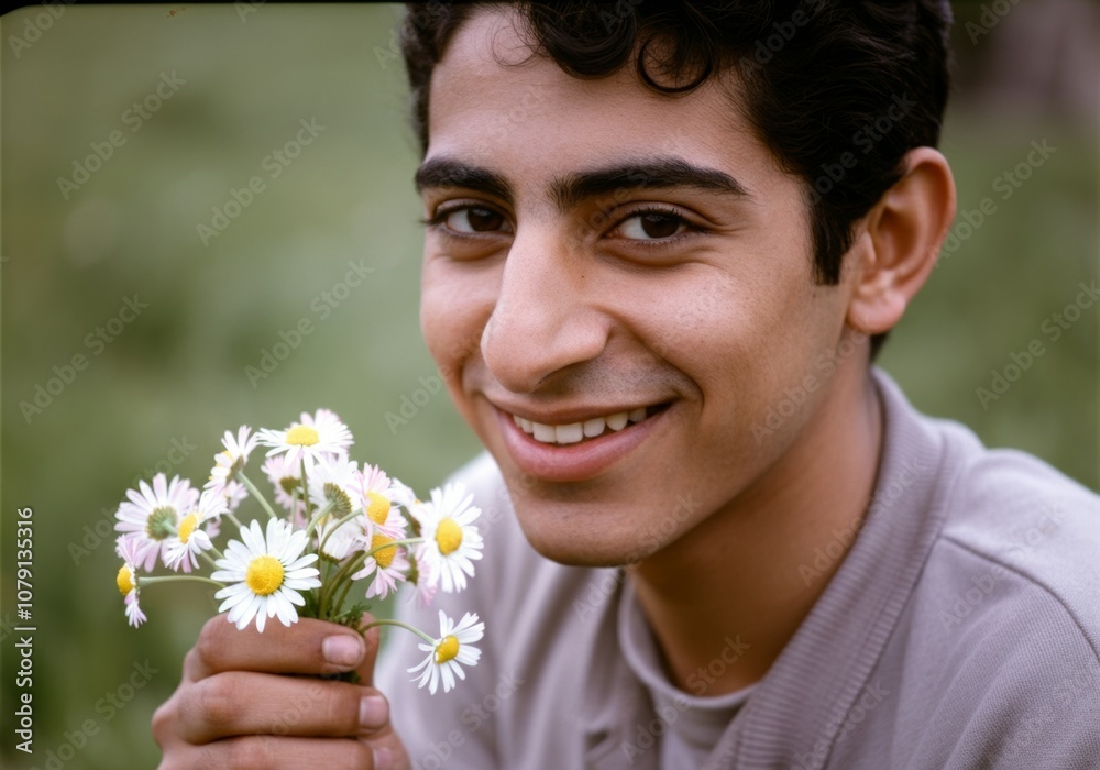 Young man smiling with fresh daisies outdoors in nature Young man smiling with fresh daisies outdoors in nature