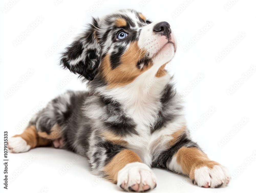 Fototapeta premium Portrait Australian Shepherd puppy lying on white background, looking upward