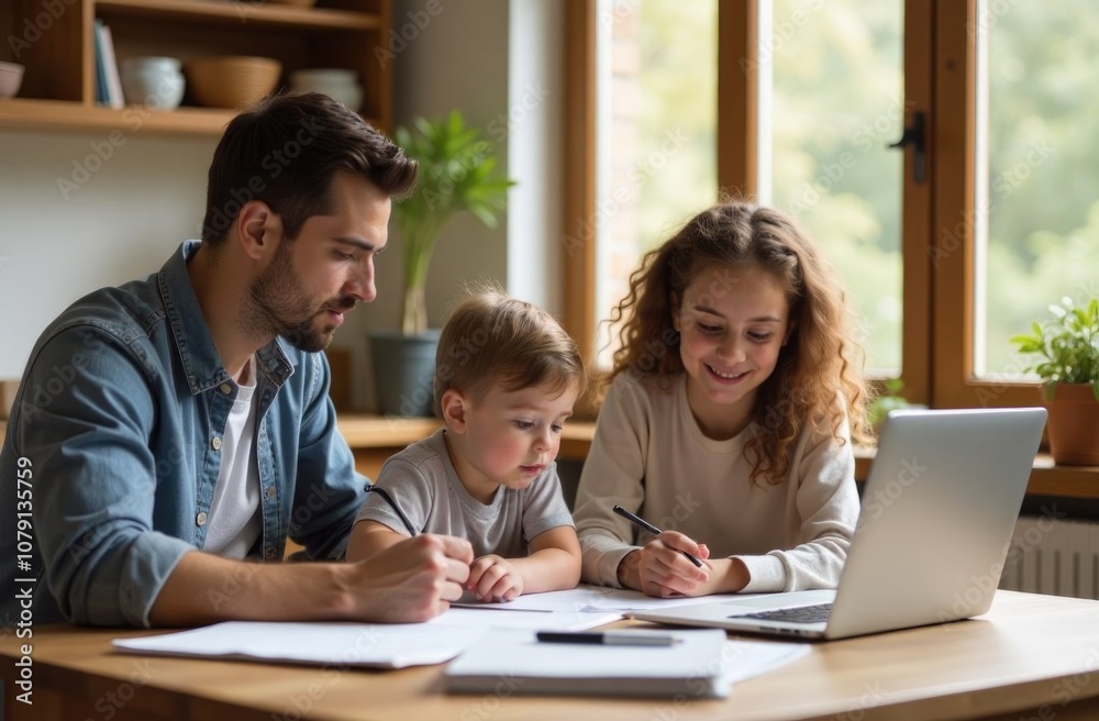 Family working together: father, daughter, and young son collaborate at home on a creative project Family working together: father, daughter, and young son collaborate at home on a creative project