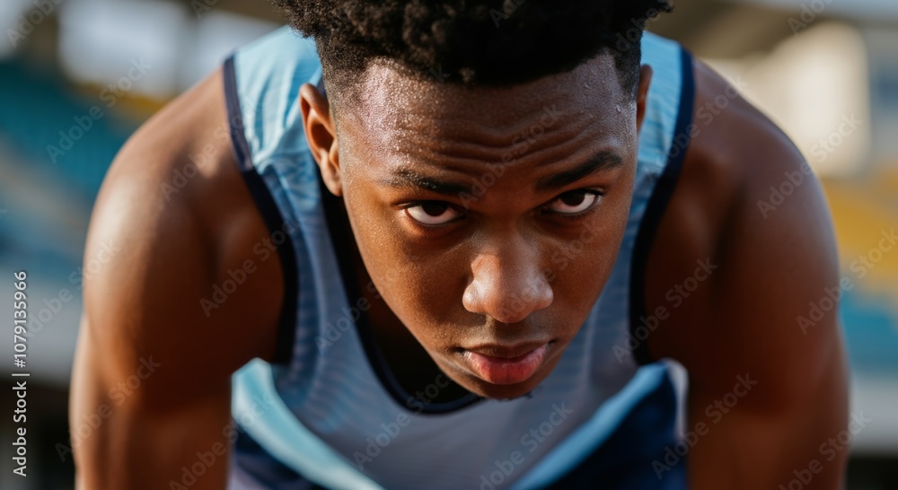 Determined athlete preparing for race with focused expression on track Determined athlete preparing for race with focused expression on track