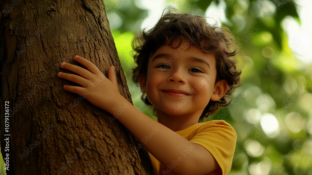 Joyful child embracing a tree in a lush green setting Joyful child embracing a tree in a lush green setting