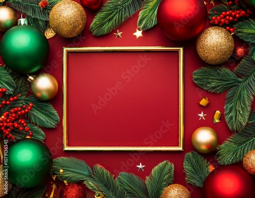Marco navideño, con coleres rojo, berde y dorado, espacio para texto photo