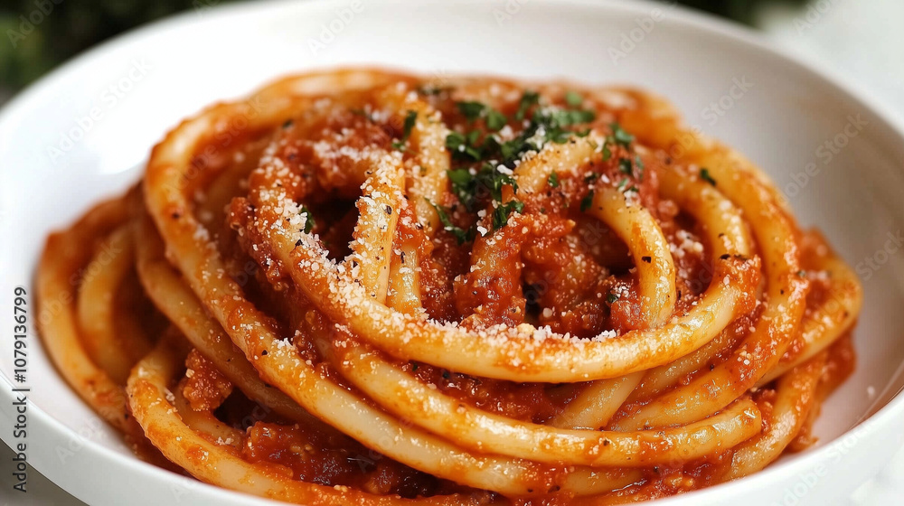 Fototapeta premium Tradycyjną włoska pasta z guanciale, która zachwyca autentycznością i głębią smaku. 