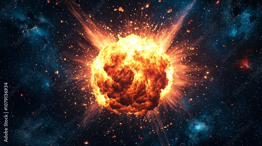 Obraz premium Cosmic Explosion Illuminating the Vast Vacuum of Space with Expanding Energy Sphere