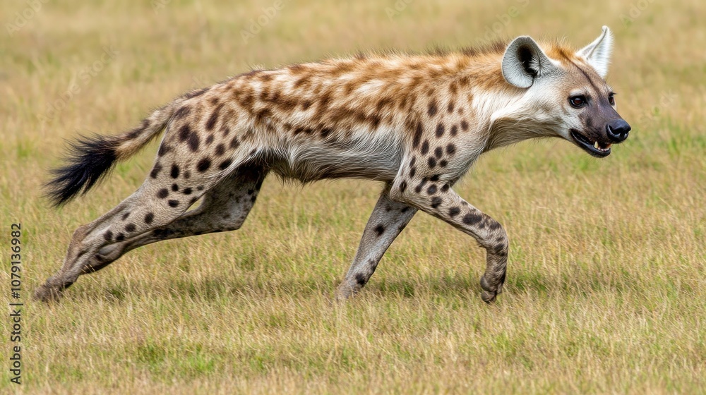 Spotted hyena running through tall grass in the savanna.