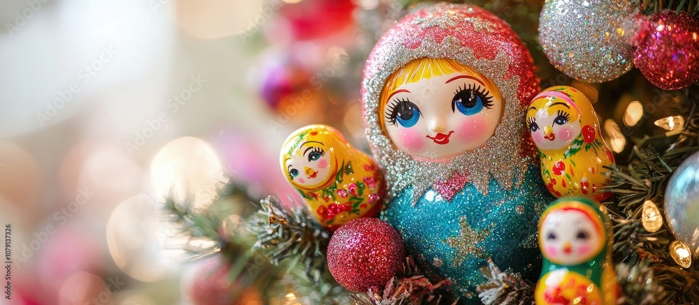 Closeup of colorful glittered festive toys including a matryoshka doll on a beautifully decorated Christmas tree Closeup of colorful glittered festive toys including a matryoshka doll on a beautifully decorated Christmas tree