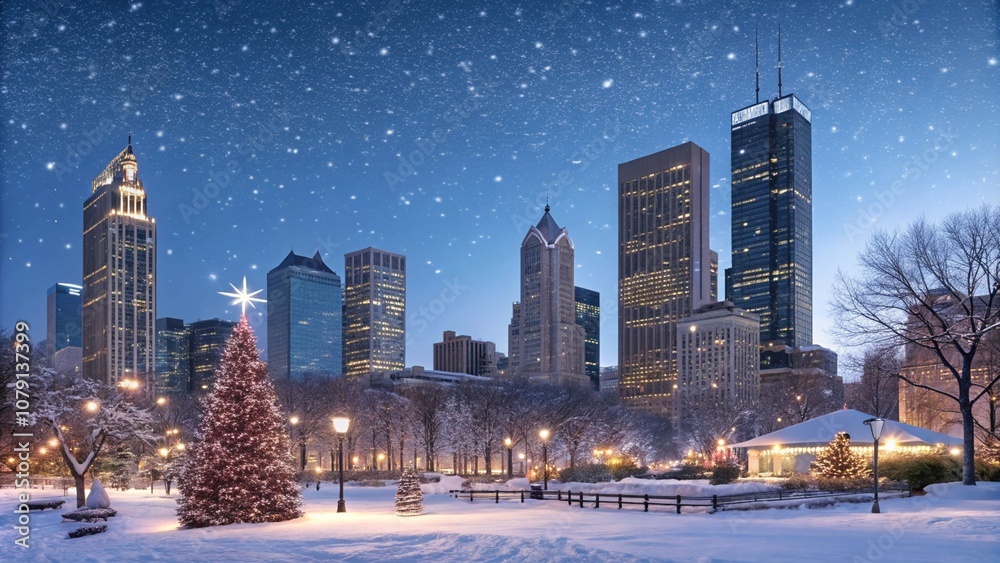 Fototapeta premium Snowy City Park with Christmas Lights and Skyscrapers in the Background