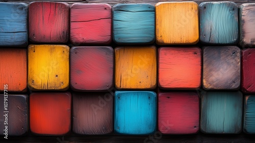 Row of colorful wooden blocks with a mix of red, yellow, and blue. The blocks are arranged in a way that creates a sense of depth and dimension