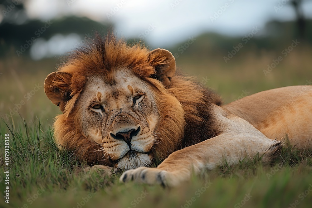Golden Lion Resting in Grass with Attentive Gaze Golden Lion Resting in Grass with Attentive Gaze
