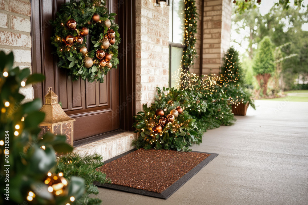 Front Door Surrounded By Festive Greenery, With A Vibrant Wreath Made Of Eucalyptus And Shiny Ornaments, Accented By A Welcome Mat And Twinkling Lights Front Door Surrounded By Festive Greenery, With A Vibrant Wreath Made Of Eucalyptus And Shiny Ornaments, Accented By A Welcome Mat And Twinkling Lights