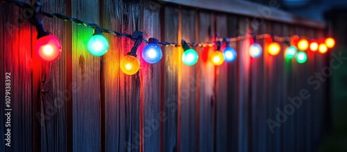 Colorful festoon lights elegantly draping along a rustic wooden fence perfect for outdoor parties and celebrations