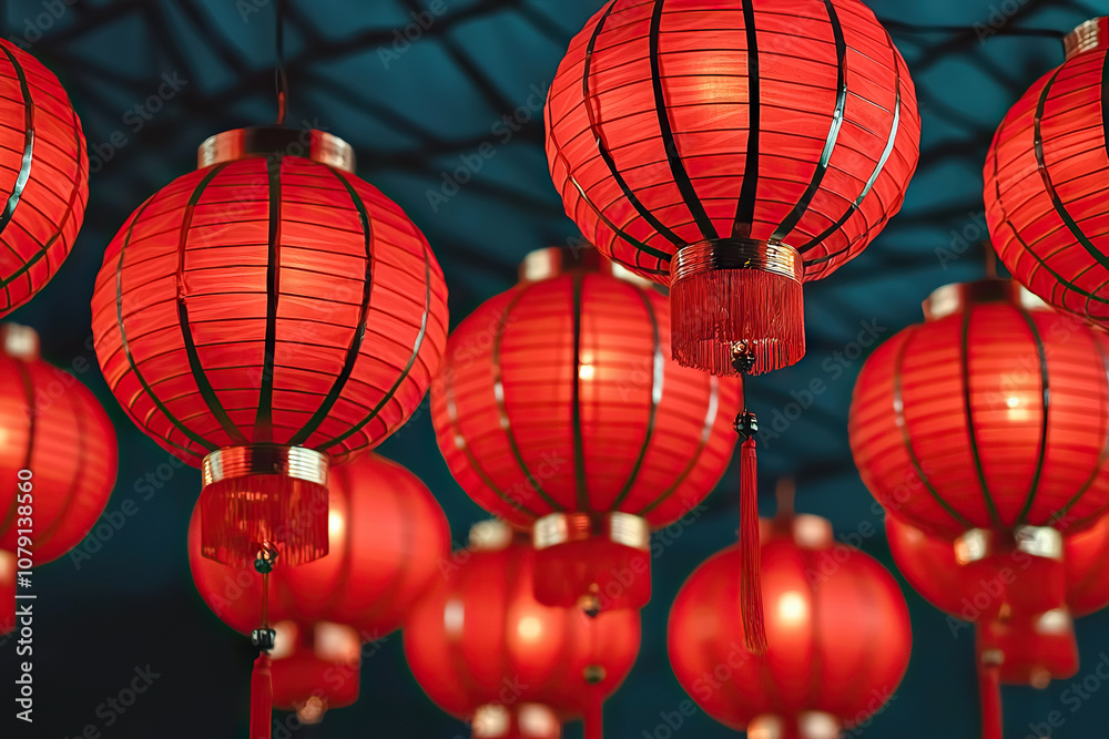Obraz premium Red lanterns hanging in festive display, symbolizing celebration and joy. These traditional decorations are often seen during cultural festivals, creating vibrant atmosphere
