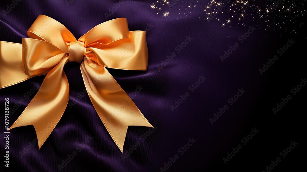Purple background with a gold bow on it. The bow is golden and it is on the purple fabric Purple background with a gold bow on it. The bow is golden and it is on the purple fabric