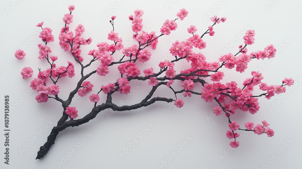 Naklejka premium Pink tree branch with pink flowers. The branch is thin and long. The image has a serene and peaceful mood