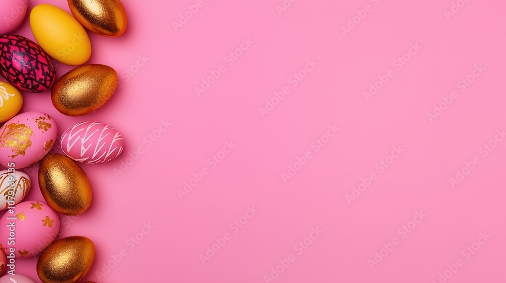 Pink background with gold and pink eggs on it. The eggs are arranged in a row and are of different sizes Pink background with gold and pink eggs on it. The eggs are arranged in a row and are of different sizes