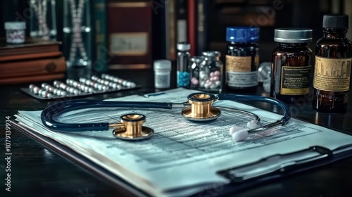 Stethoscope on a clipboard with medical supplies.