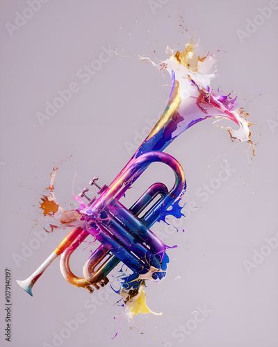 3D Splash Alcohol Ink Trumpet in Shimmering Gold and White for Banner, Wallpaper, Web Poster, flyer