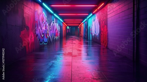 Fototapeta Naklejka Na Ścianę i Meble -  Neon tunnel with graffiti on the walls. The tunnel is wet and the lights are on. The graffiti is colorful and the tunnel is dark