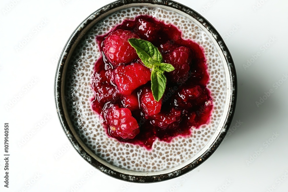 Top view of chia pudding with red berry compote Top view of chia pudding with red berry compote