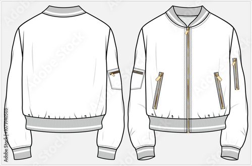 Adobe Illustrator ArtBOMBER JACKET WITH CENTER FRONT ZIPPER DATAIL AND ZIPPER ON SLEEVES DETAIL DESIGNED FOR WOMEN AND TEEN GIRLS IN  VECTOR ILLUSTRATION FILEwork