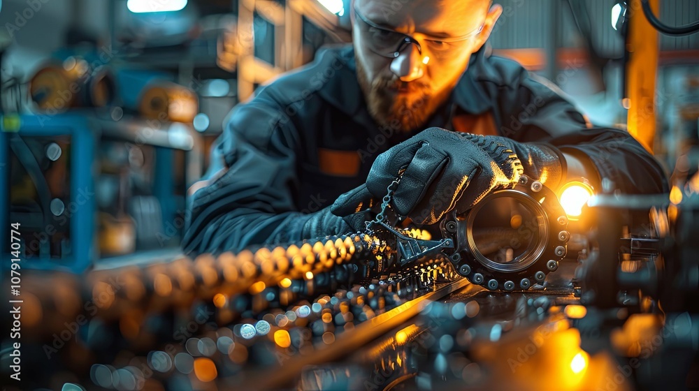 A Close-up of a Mechanic Working on a Metal Chain Drive System in an Industrial Setting A Close-up of a Mechanic Working on a Metal Chain Drive System in an Industrial Setting